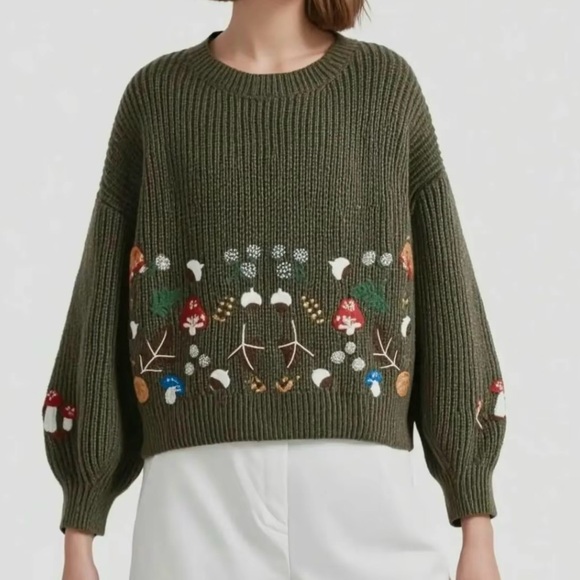 Women’s green sweater with mushroom embroidery Size L - Picture 2 of 4